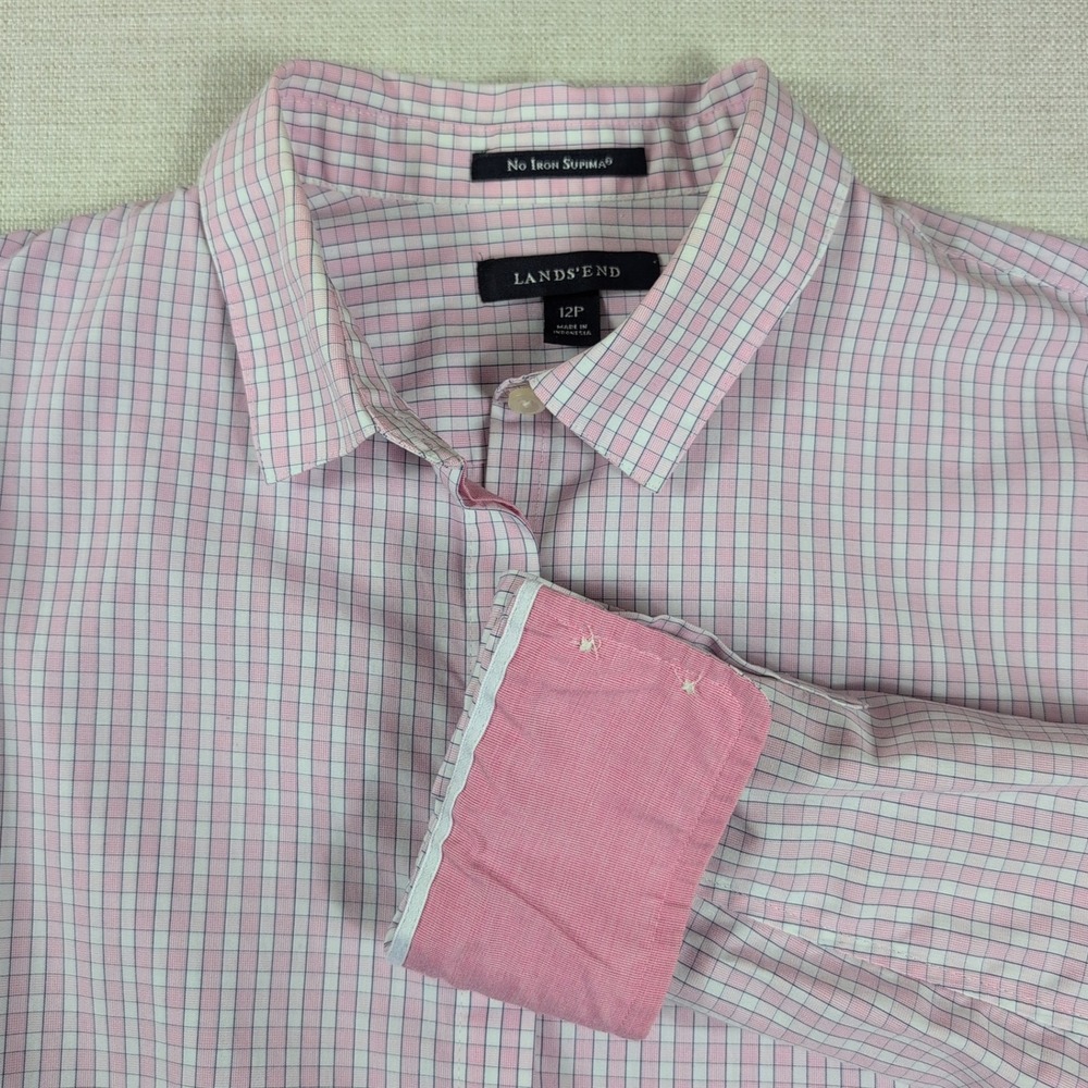 Lands' End Womens Classic Tattersall No Iron Supima Cotton Shirt 12P Pink White